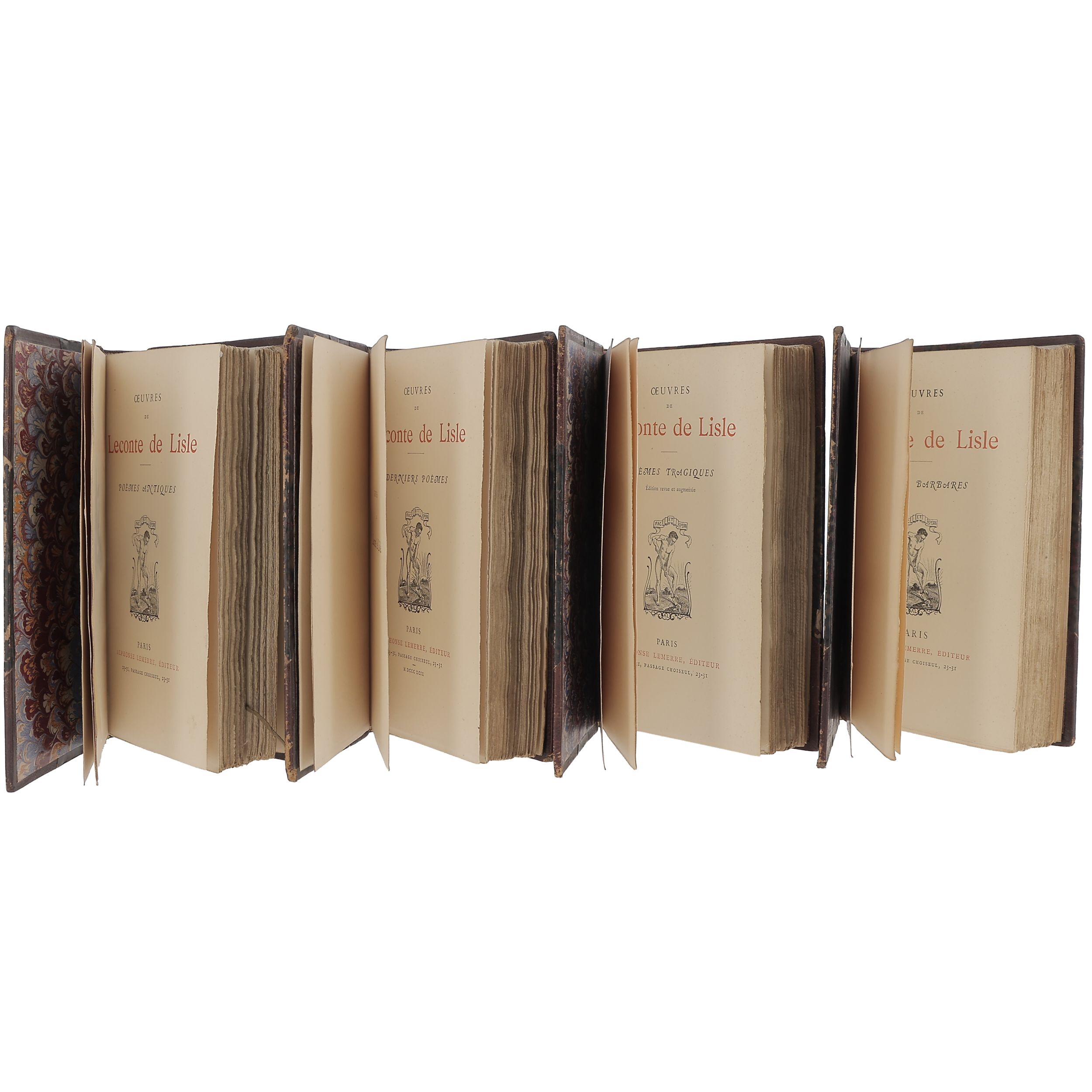 LECONTE DE LISLE [Œuvres de], Poèmes antiques,Poèmes barbares, Poèmes tragiques, Deniers poèmes, Alphonse Lemerre Editeur, Paris. Trois tomes non datés et le dernier 1899.:  | H&ocirc;tel Des Ventes de Monte-Carlo