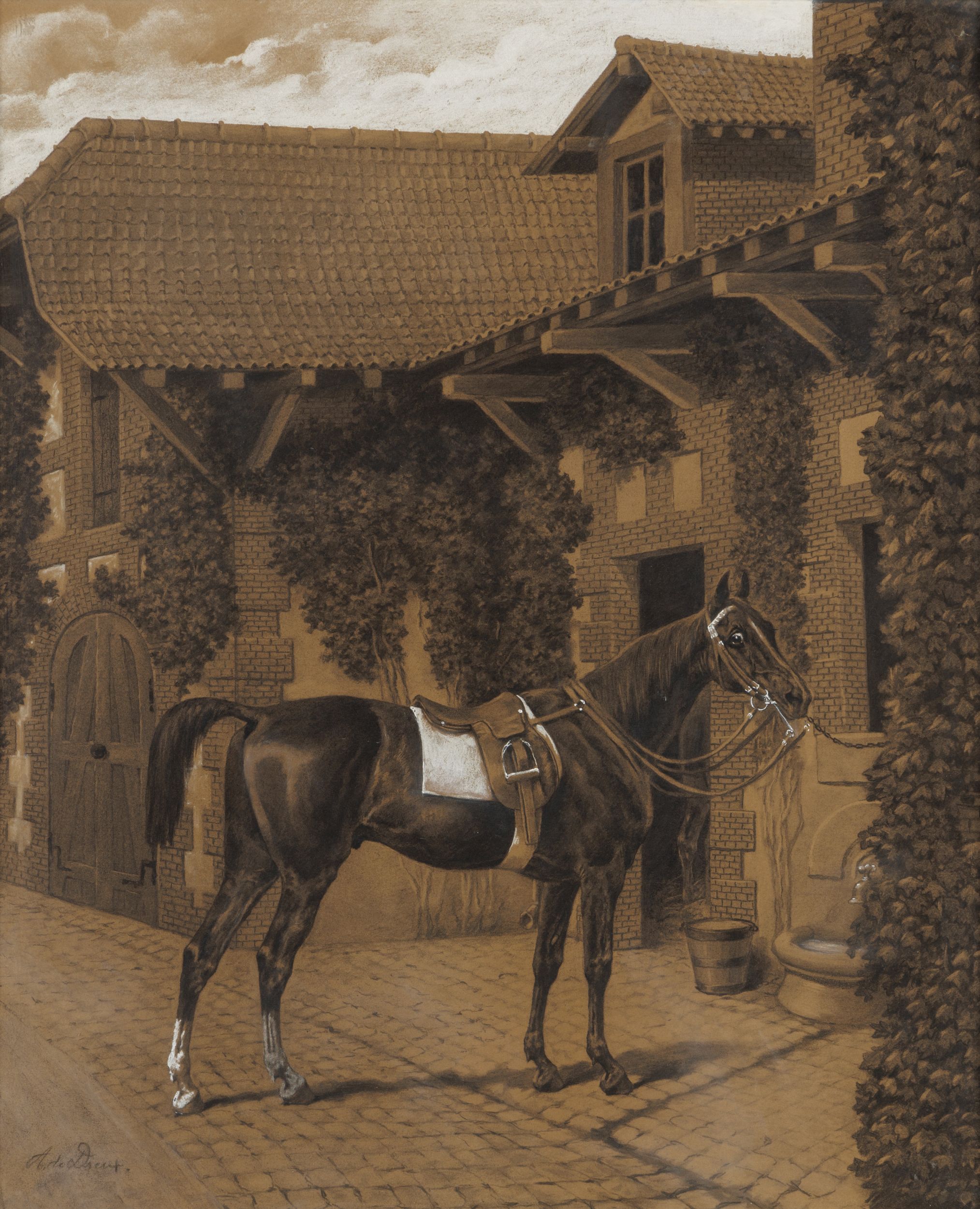 ALFRED DE DREUX (1810 - 1860) Cheval harnaché Dessin et gouache Encadrement d’époque:  | H&ocirc;tel Des Ventes de Monte-Carlo