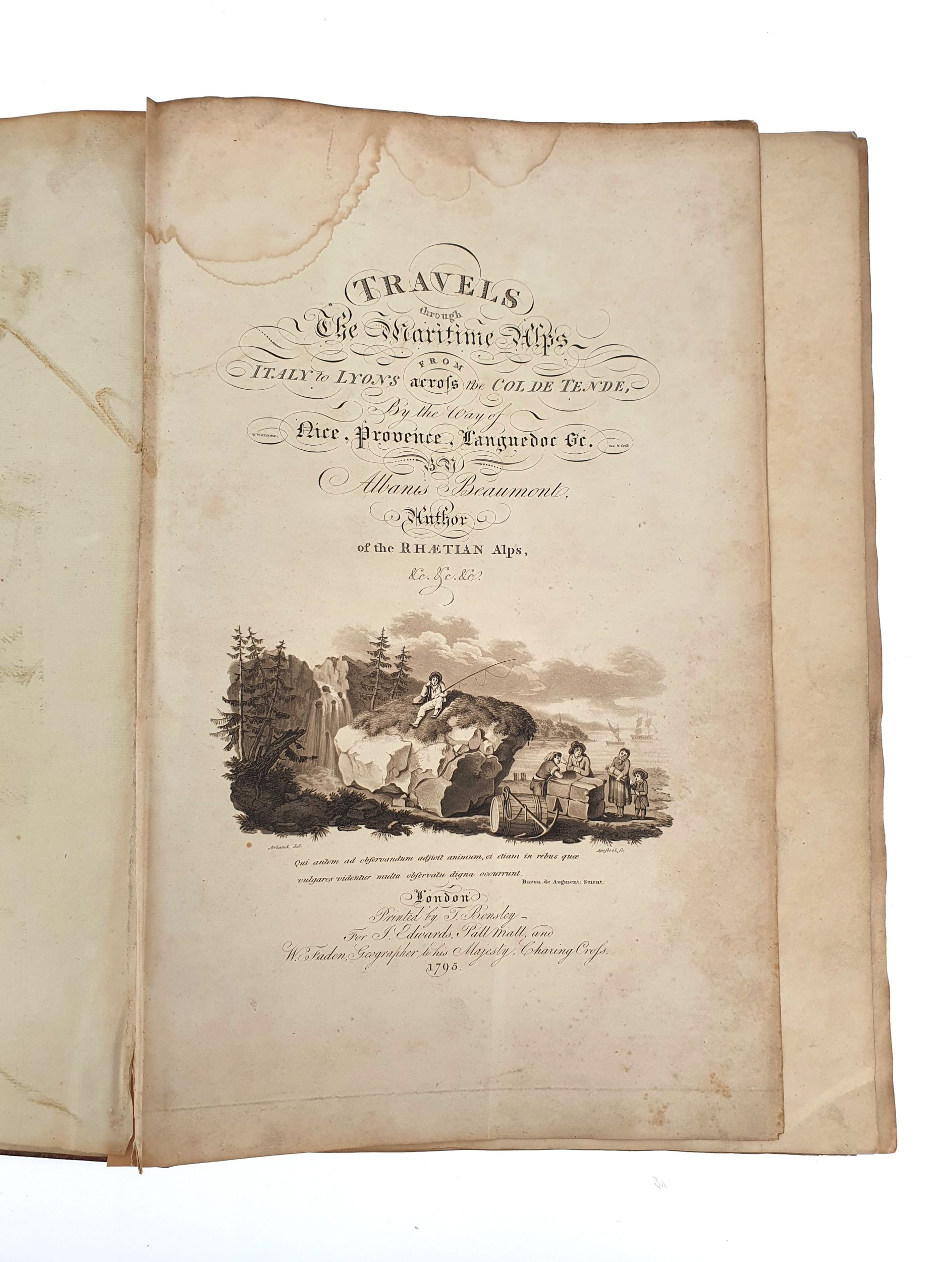 ALBANIS-BEAUMONT (Jean François). Travels through the Maritime Alps, from Italy to Lyons, across the Col de Tende, by the Way of Nice, Provence, Languedoc, c. with Topographical and Historical Descriptions. To which are added, some Philosophical Observations on the various Appearances in Mineralogy, c. found in those Countries. London, Printed by T. Bensley, 1795. In-folio, maroquin rouge à grain long, fine roulette dentelée dorée encadrant les plats, dos lisse à décor mosaïqué (reliure de l’époque).	:  | H&ocirc;tel Des Ventes de Monte-Carlo