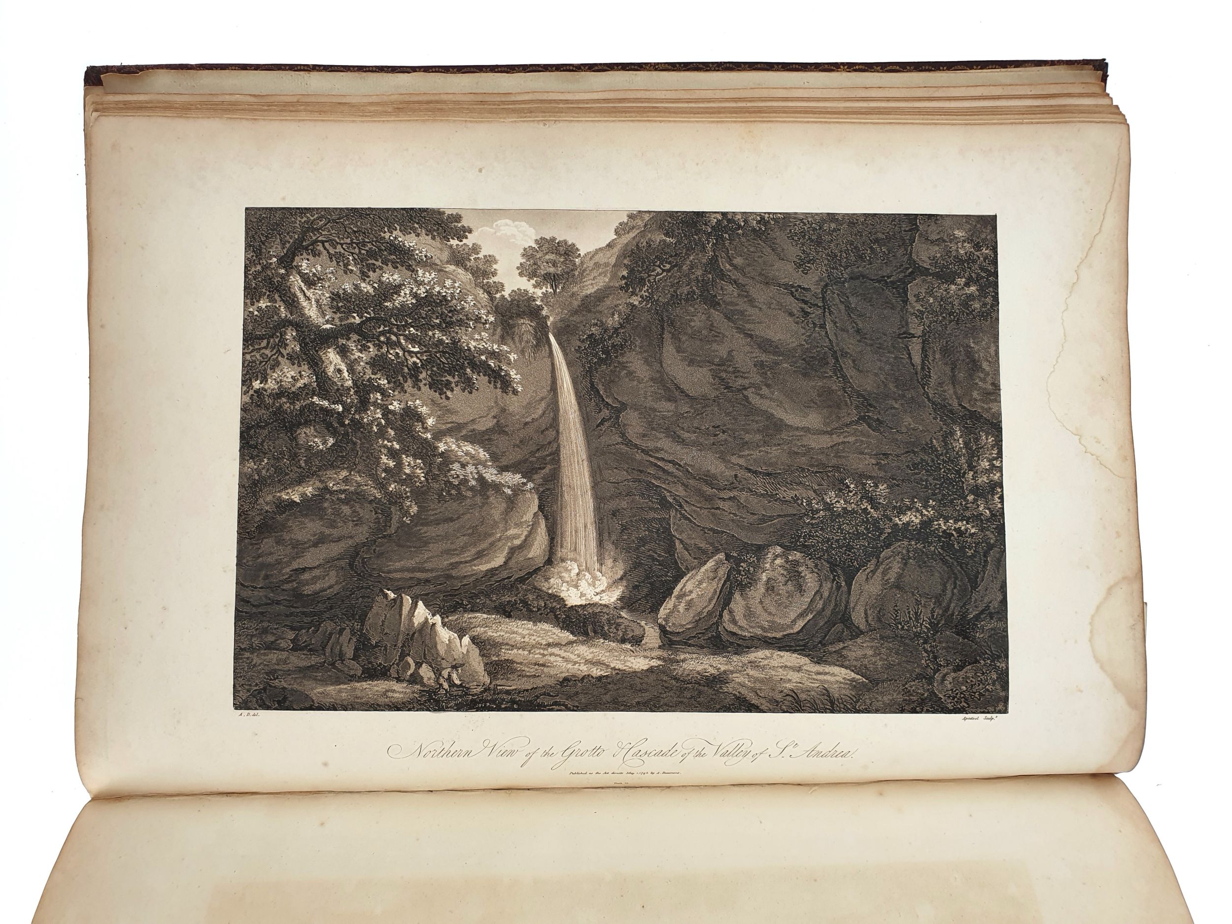ALBANIS-BEAUMONT (Jean François). Travels through the Maritime Alps, from Italy to Lyons, across the Col de Tende, by the Way of Nice, Provence, Languedoc, c. with Topographical and Historical Descriptions. To which are added, some Philosophical Observations on the various Appearances in Mineralogy, c. found in those Countries. London, Printed by T. Bensley, 1795. In-folio, maroquin rouge à grain long, fine roulette dentelée dorée encadrant les plats, dos lisse à décor mosaïqué (reliure de l’époque).	:  | H&ocirc;tel Des Ventes de Monte-Carlo