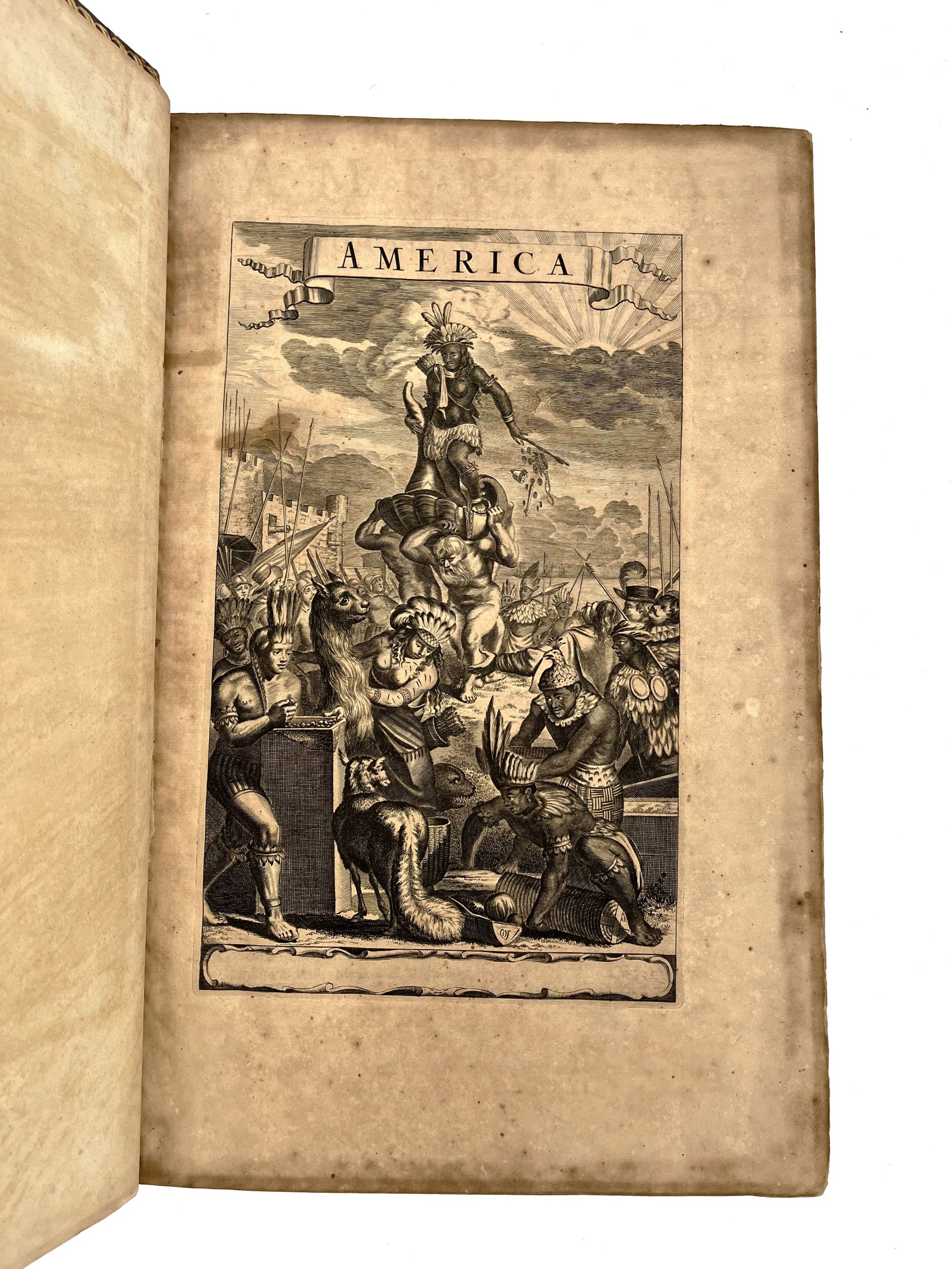 [AMÉRIQUE]. OGILBY (John)  MONTANUS (Anoldus). America : being the latest, and most accurate Description of the New World ; containing the Original of the Inhabitants, and the Remarkable Voyages thither. The Conquest of the vast Empires of Mexico and Peru, and other large Provinces and Territories, with the several European Plantations in those Parts. Also their Cities, Fortresses, Towns, Temples, Mountains, and Rivers. Their Habits, Customs, Manners, and Religions. Their Plants, Beasts, Birds, and Serpents […]. Collected from most Authentick Authors […] by John OGILBY. London, Printed by the Author, 1671. In-folio, veau fauve, filets dorés et roulette dentelée estampée à froid encadrant les plats, dos à nerfs orné (reliure anglaise début XIXe s.).	:  | H&ocirc;tel Des Ventes de Monte-Carlo