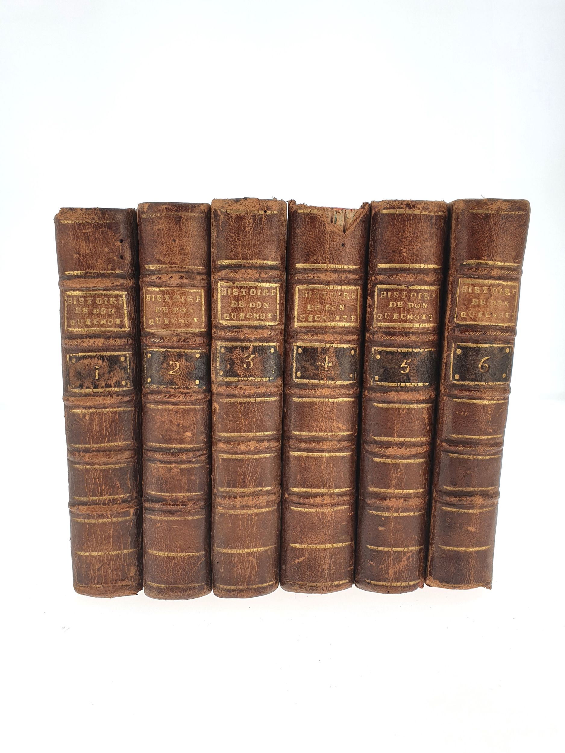 CERVANTÈS (Miguel de). Histoire de l’admirable Don Quichotte de la Manche. A Lyon, Chez Amable Le Roy, Libraire, 1781. 6 volumes in-12, demi-basane, dos à nerfs orné (reliure de l’époque).