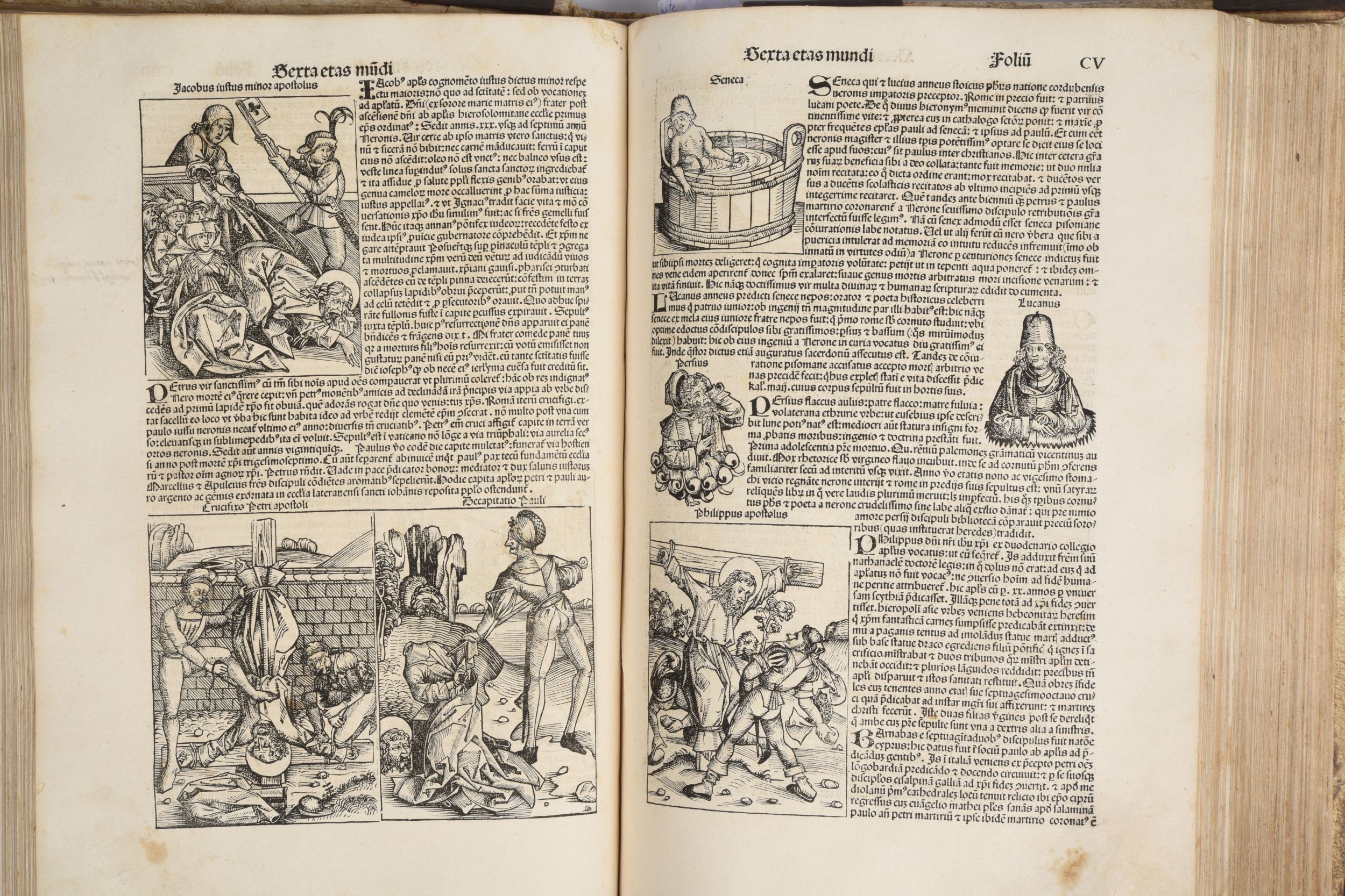 [CHRONIQUE DE NUREMBERG]. SCHEDEL (Hartmann). Registrum // huius ope-//ris libri cro-//nicarum // cum figuris et ymagi-//bus ab initio mundi. Sebaldi Schreyer  Sebastiani kamermaister hunc librum dominus Anthonius Koberger Nuremberge impressit [Nuremberg, Imprimé par Antoine Koberger pour Sebald Schreyer  Sebastien Kamermaister], 20 juillet 1493. Grand in-folio, peau de truie sur ais, plats entièrement ornés d'un décor de filets et roulettes dentelées estampés à froid, écoinçons, fermoirs et pièce centrale en métal, lacs, dos à nerfs, titre sur deux tranches (reliure de l’époque).	80 000/100 000:  | H&ocirc;tel Des Ventes de Monte-Carlo