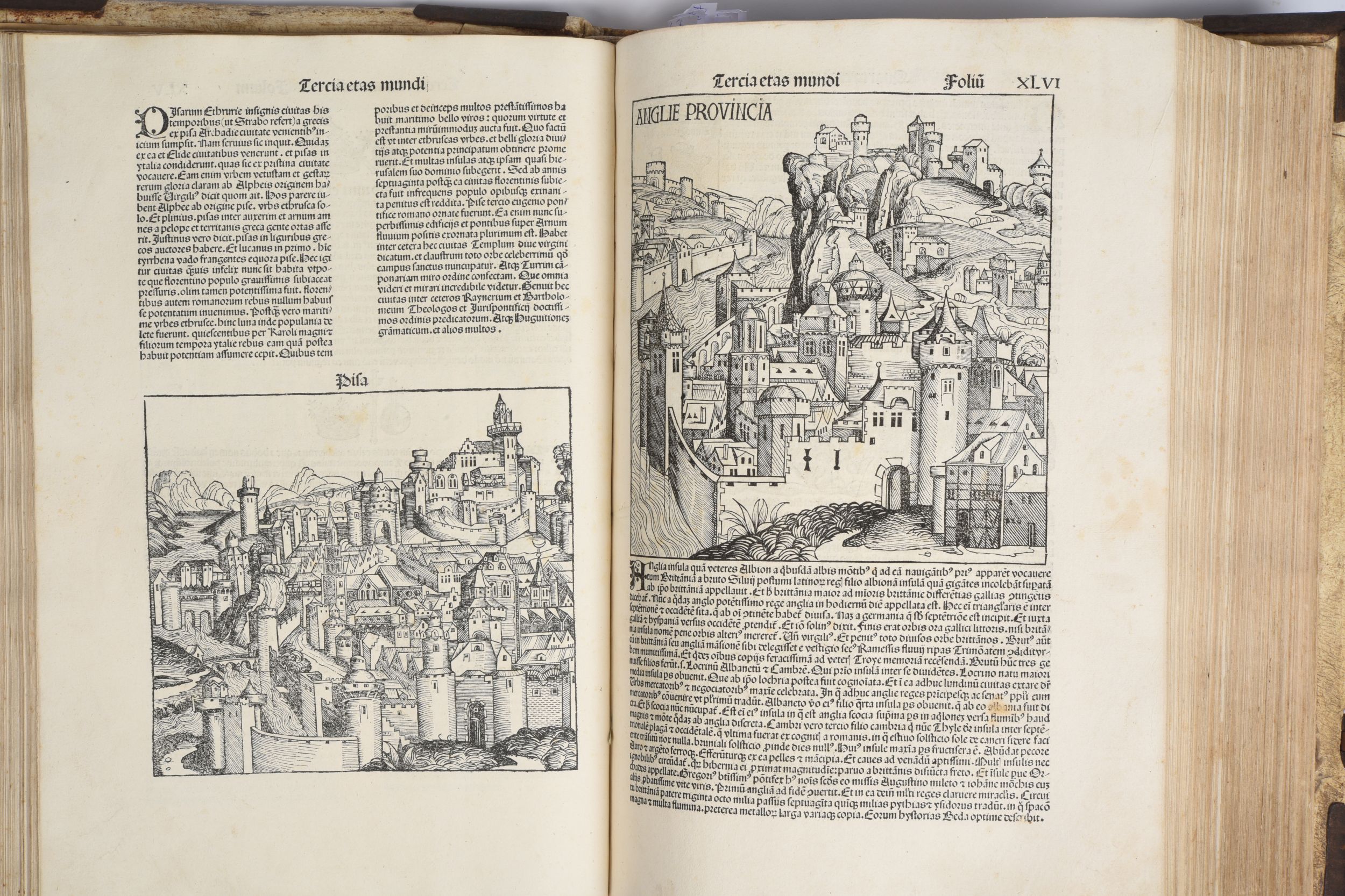 [CHRONIQUE DE NUREMBERG]. SCHEDEL (Hartmann). Registrum // huius ope-//ris libri cro-//nicarum // cum figuris et ymagi-//bus ab initio mundi. Sebaldi Schreyer  Sebastiani kamermaister hunc librum dominus Anthonius Koberger Nuremberge impressit [Nuremberg, Imprimé par Antoine Koberger pour Sebald Schreyer  Sebastien Kamermaister], 20 juillet 1493. Grand in-folio, peau de truie sur ais, plats entièrement ornés d'un décor de filets et roulettes dentelées estampés à froid, écoinçons, fermoirs et pièce centrale en métal, lacs, dos à nerfs, titre sur deux tranches (reliure de l’époque).	80 000/100 000:  | H&ocirc;tel Des Ventes de Monte-Carlo