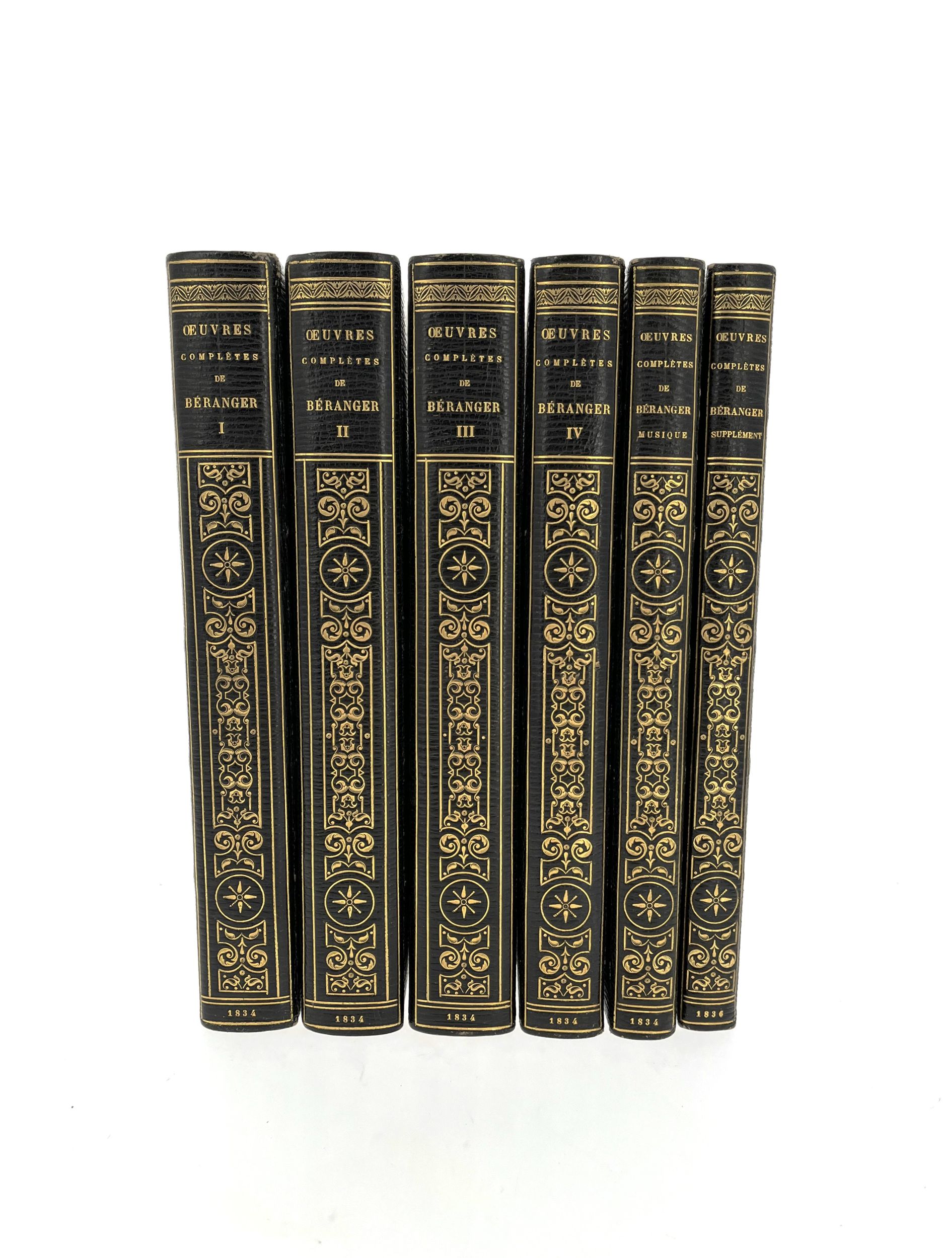 [CURIOSA]. BÉRANGER (Pierre Joseph de). • Œuvres complètes. Paris, Perrotin Éditeur, 1834 (4 vol.), •• Musique des chansons. Paris, Perrotin Éditeur, 1834,  ••• […] Supplément. Paris, Chez tous les marchands de nouveautés, 1836. Ensemble 6 volumes in-8°, demi-maroquin bleu nuit à coins, filet doré bordant les plats, dos lisse orné, non rogné, couvertures conservées [pour le t. VI] (Stroobants).	