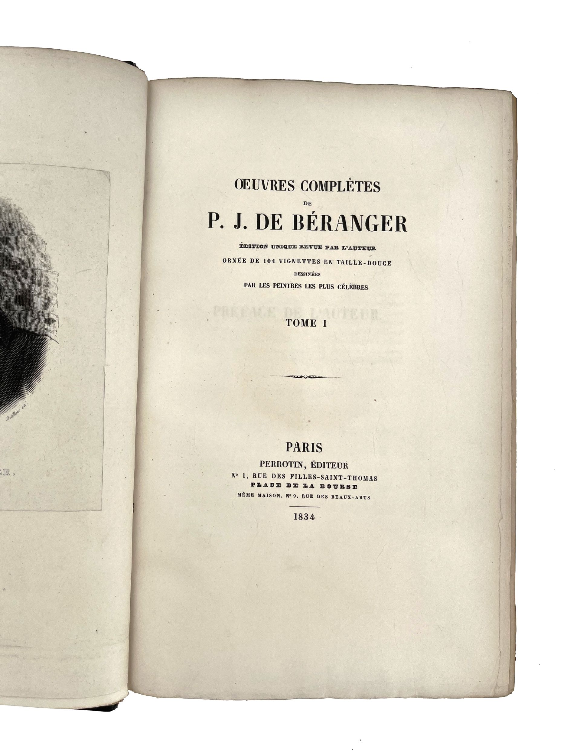 [CURIOSA]. BÉRANGER (Pierre Joseph de). • Œuvres complètes. Paris, Perrotin Éditeur, 1834 (4 vol.), •• Musique des chansons. Paris, Perrotin Éditeur, 1834,  ••• […] Supplément. Paris, Chez tous les marchands de nouveautés, 1836. Ensemble 6 volumes in-8°, demi-maroquin bleu nuit à coins, filet doré bordant les plats, dos lisse orné, non rogné, couvertures conservées [pour le t. VI] (Stroobants).	:  | H&ocirc;tel Des Ventes de Monte-Carlo