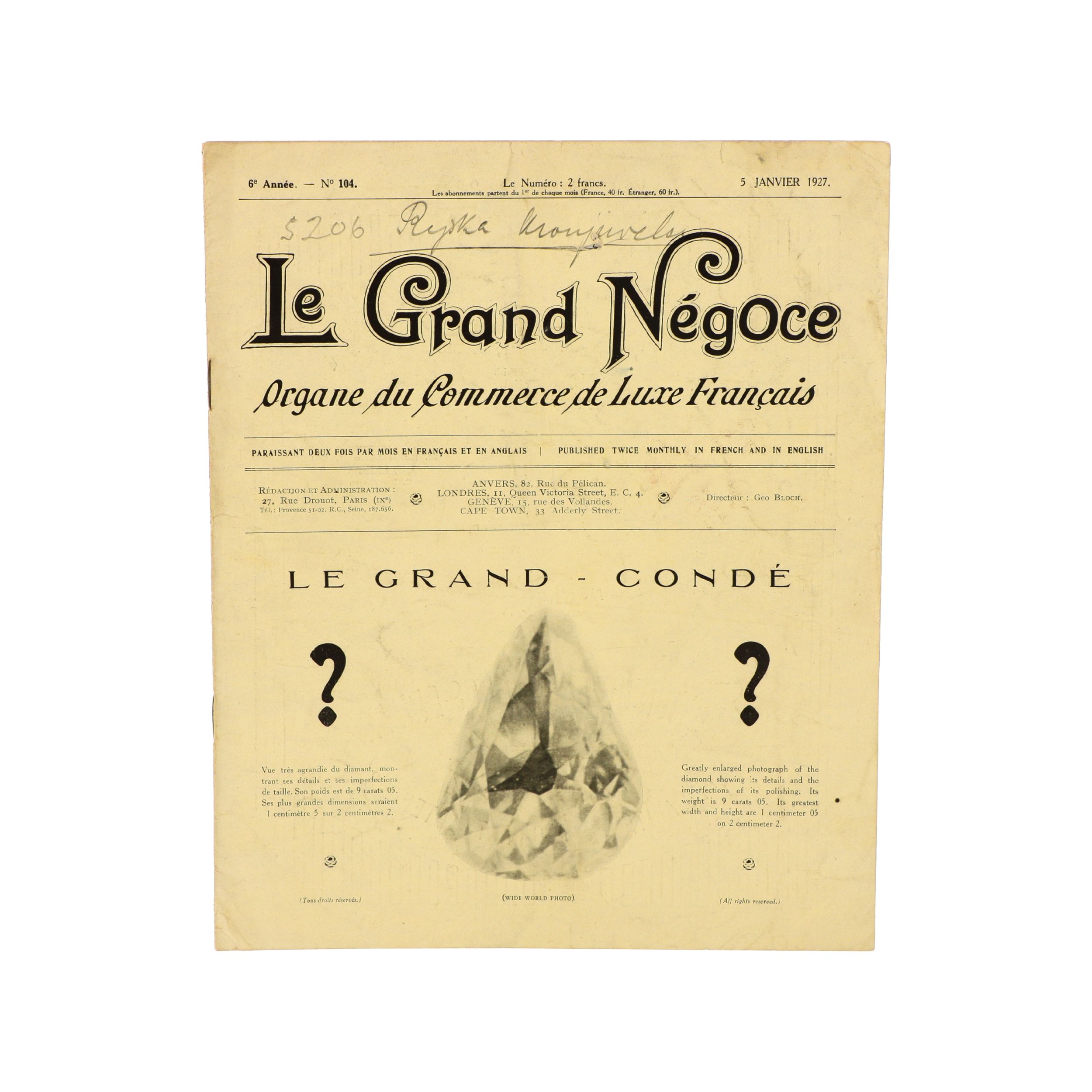 LE GRAND NEGOCE, Le joyaux de la couronne de Russie revoient la lumière, in No 104, 5 janvier 1927 p. 206.