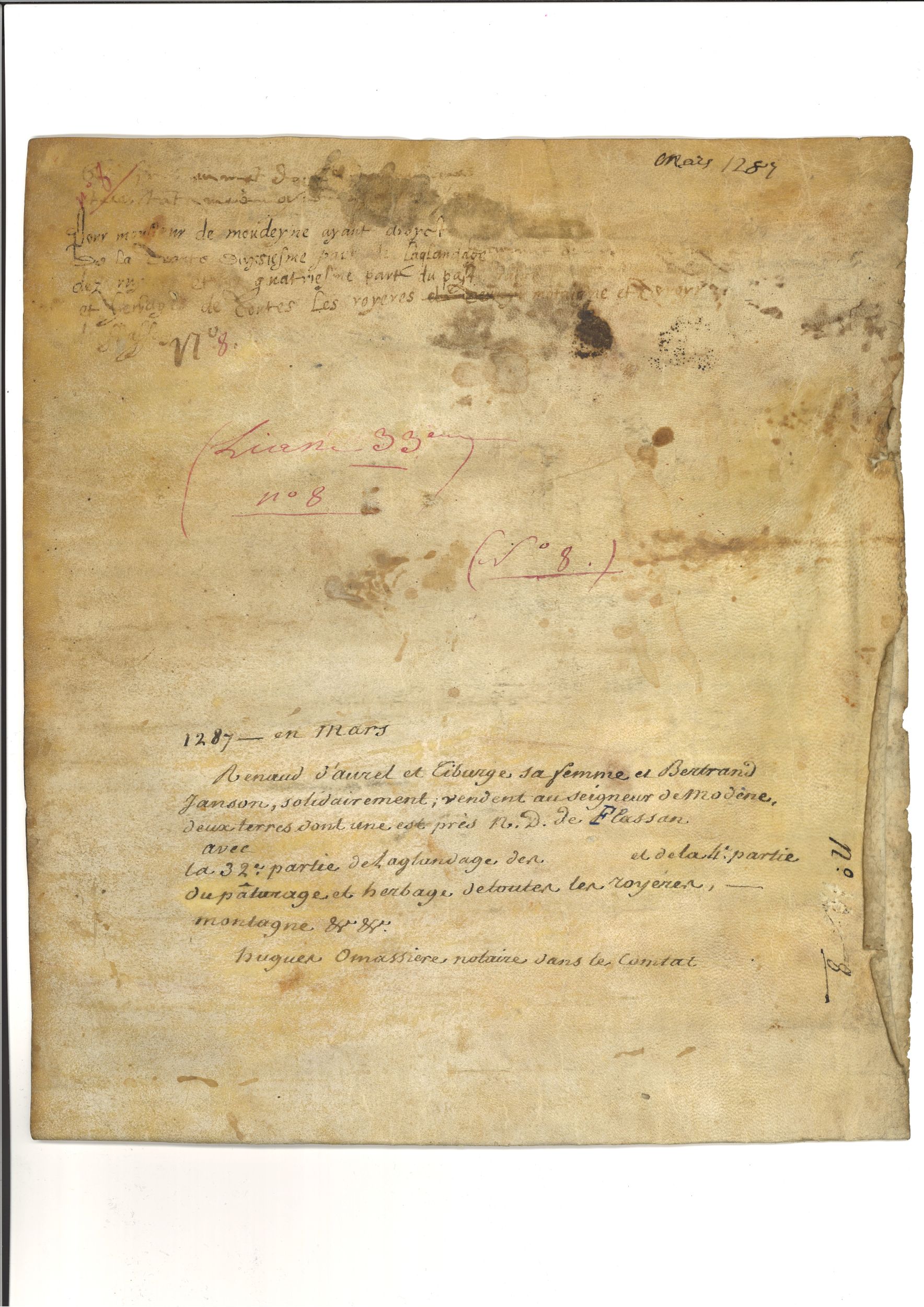 UNE PIECE MANUSCRITE DATEE 1287:  | H&ocirc;tel Des Ventes de Monte-Carlo