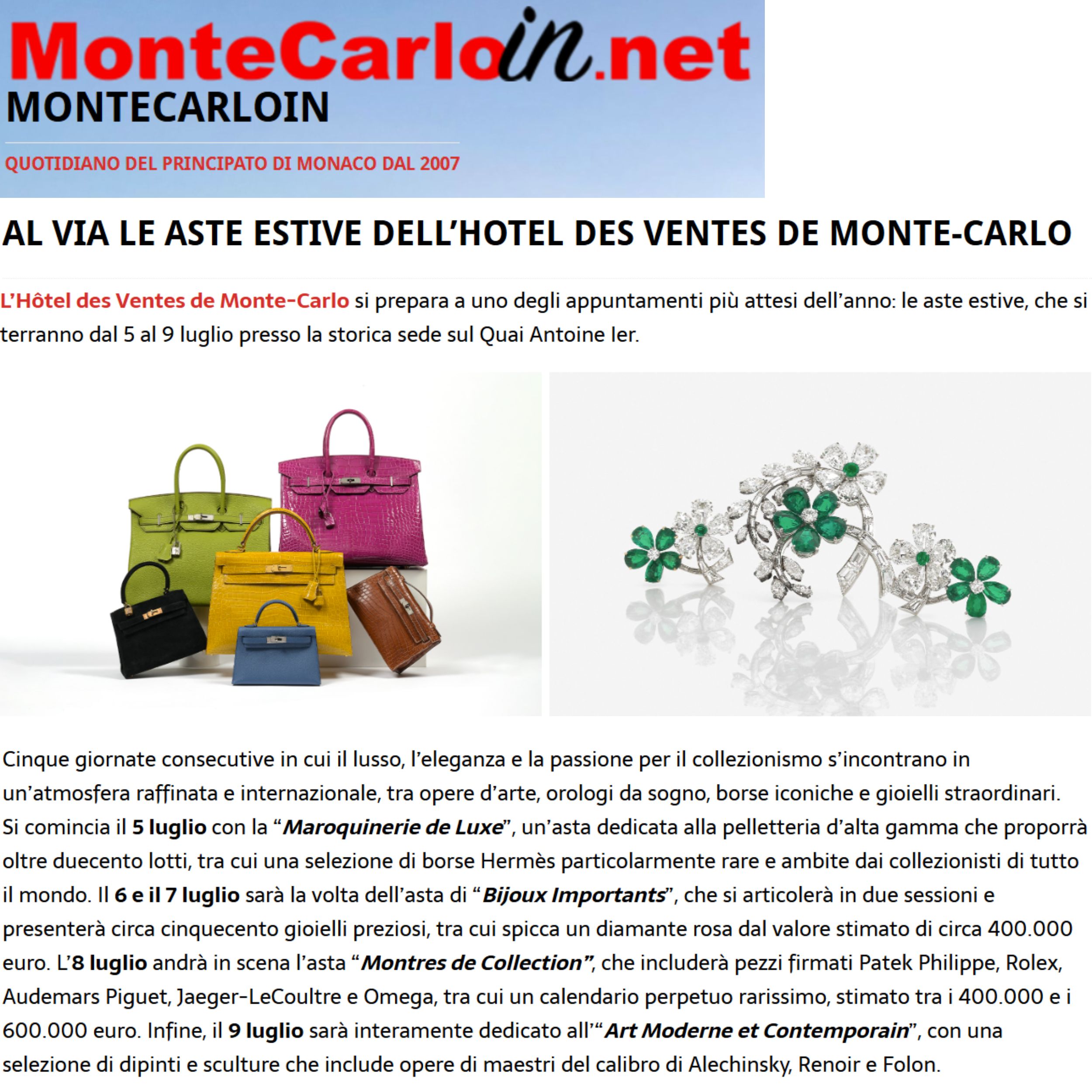 Al via le aste estive dell’Hotel des Ventes de Monte-Carlo
