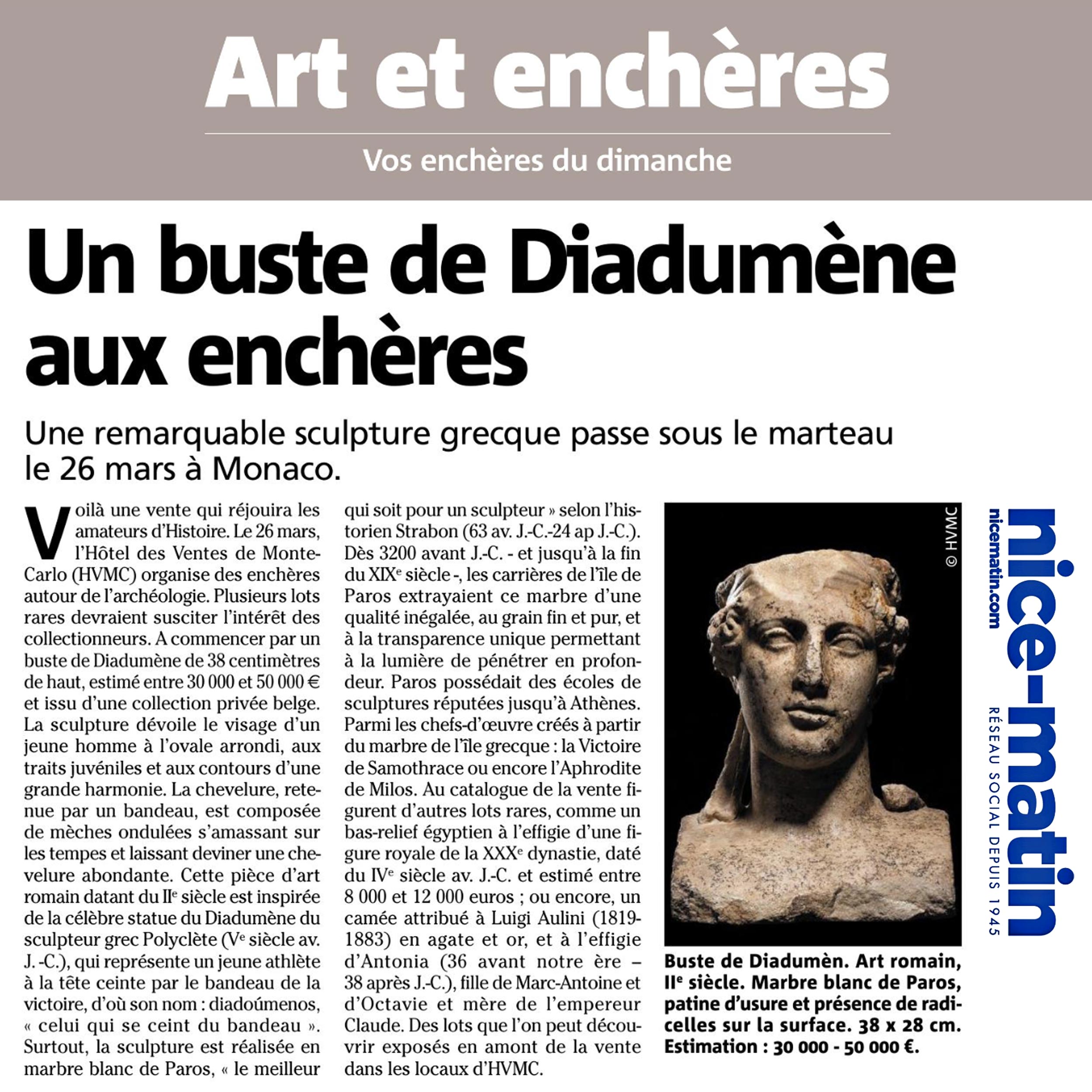 Un buste de Diadumène aux enchères