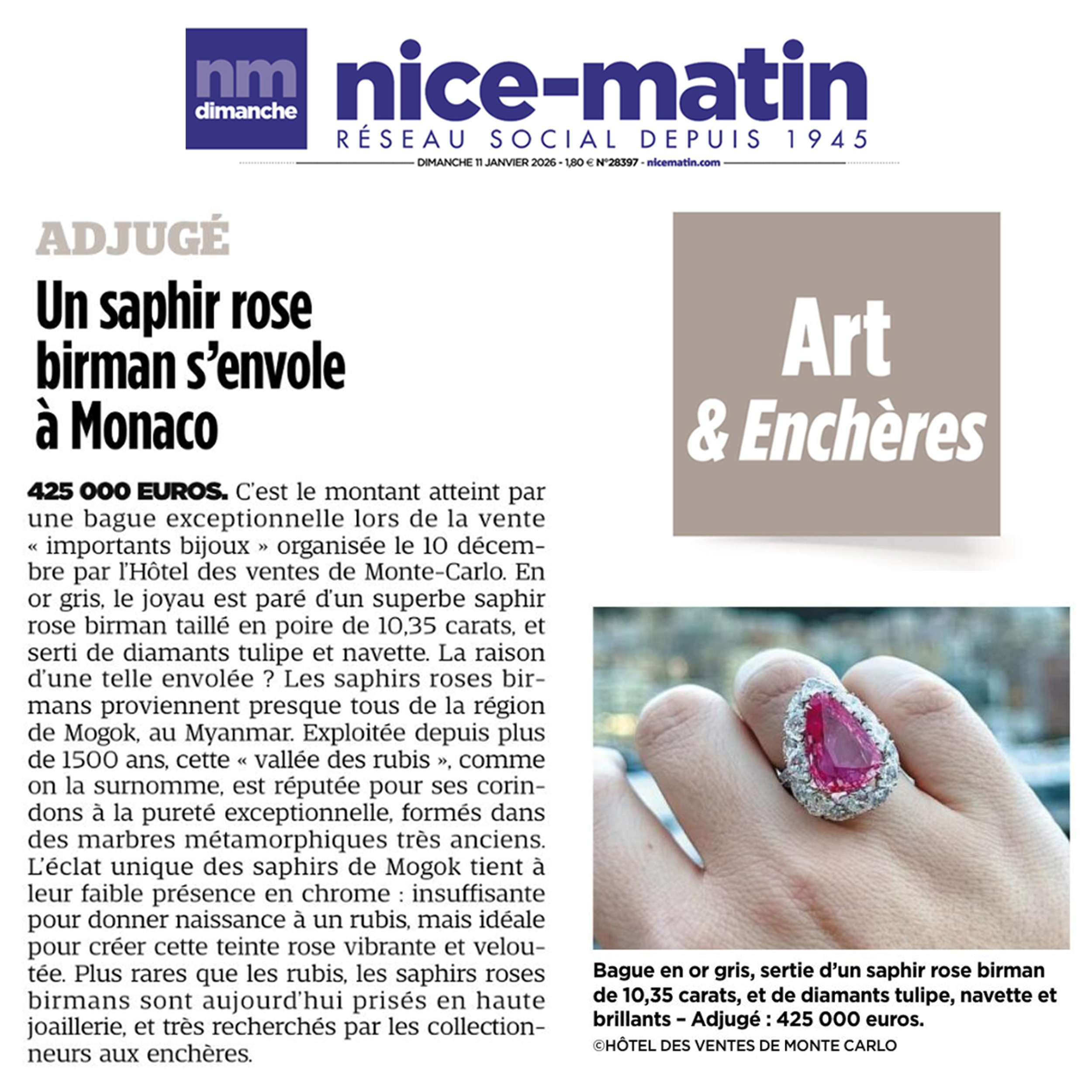 Un saphir rose birman s’envole à Monaco